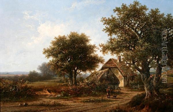 Landscape With Man And Dog On A Track By Afarmhouse Oil Painting - Hendrik Pieter Koekkoek