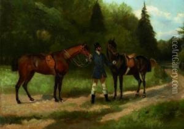Reiter Mit Zwei Gesattelten Pferden Oil Painting - Anton Weinberger