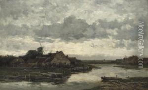 Avondstond Bij Megen: A Small Village Near A River Oil Painting - Willem Cornelis Rip