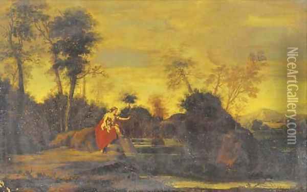 A classical landscape with a woman and two children Oil Painting - Jean-Francois Millet