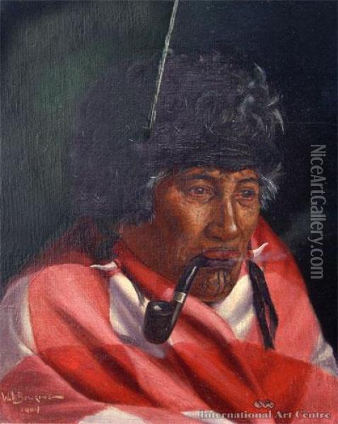 Maori Woman With Pipe And Moko Oil Painting - Walter Armiger Bowring