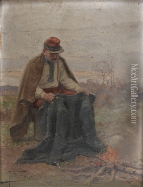 Soldat D'infanterie Au Reglement De 1884 Faisant Secher Sa Tunique Pres D'un Feu Oil Painting - Paul (Louis Narcisse) Grolleron