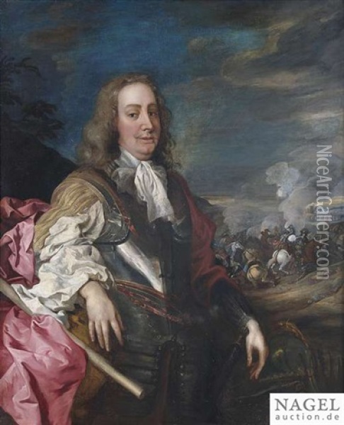 Portrait Of A Commander In Armour In Front Of A Battle In Gun Smoke Oil Painting - Jacob Huysmans