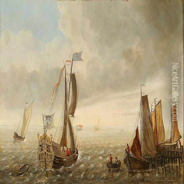 Coastal Scene With A Dutch Warship Oil Painting - Johan Adolph Rust