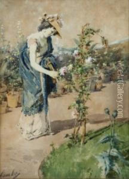 Senorita Cogiendo Rosas En El Jardin Oil Painting - Enrico Gamba