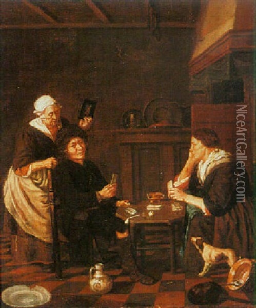 Two People Playing Cards And Another Holding Up A Mirror Oil Painting - Jan Josef Horemans the Younger