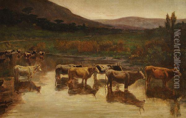 Les Vaches A L'abreuvoir Oil Painting - Alfred Godchaux