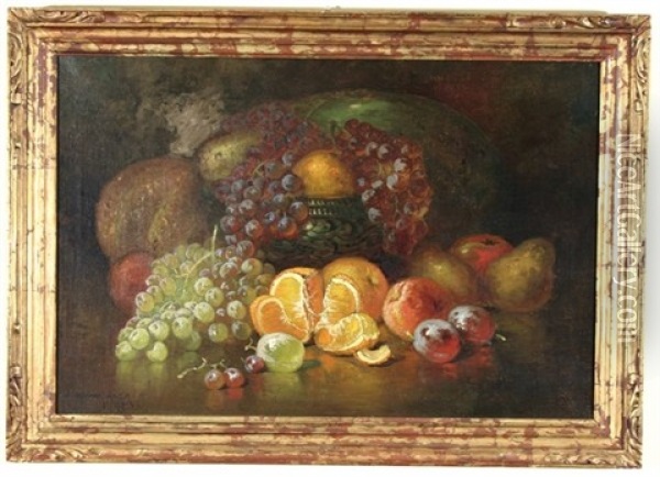Still Life With Silver Bowl And Fruit Oil Painting - George Whitaker