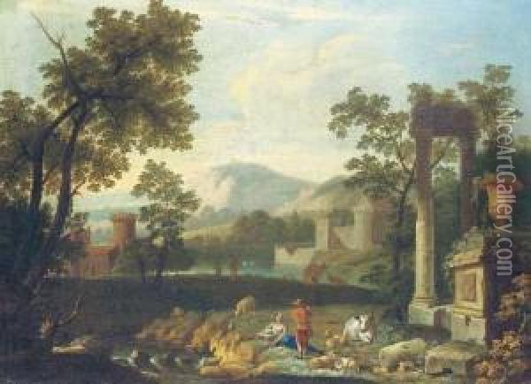 An Italianate Landscape With Shepherds By Classical Ruins Oil Painting - Pieter Rysbrack