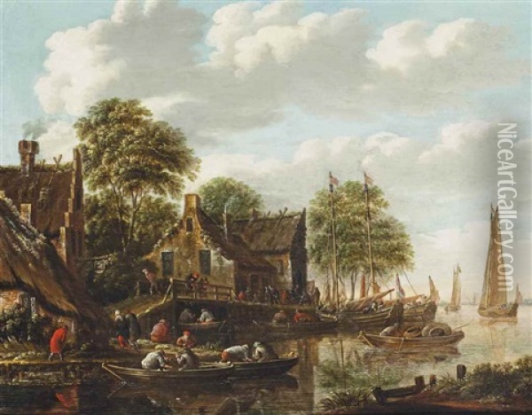 A River Landscape With Fishermen On Boats And Other Shipping Vessels Oil Painting - Thomas Heeremans
