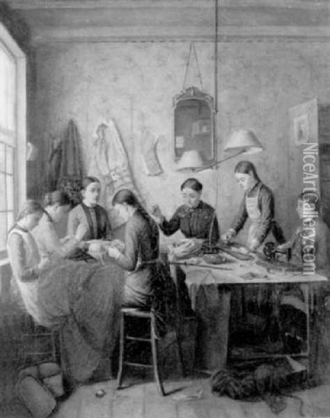 Seamstresses In An Interior Oil Painting - Johannes Franciscus van der Vlis