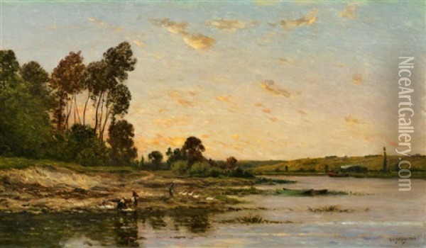 Kleine Flusslandschaft Im Abendrot Oil Painting - Hippolyte Camille Delpy