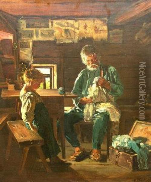 Portrait Of An Old Man With A Child In A Workshop Interior Oil Painting - Vladimir Egorovic Makovsky