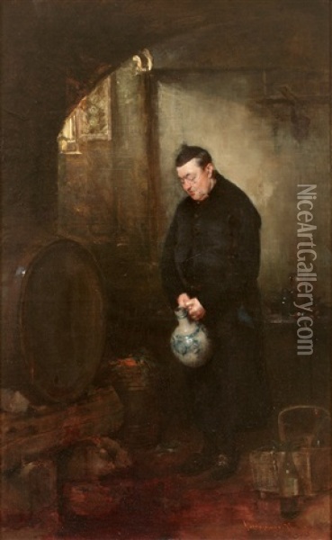Stilles Gebet Eines Monches Vor Dem Weinfass Oil Painting - Anton Laupheimer