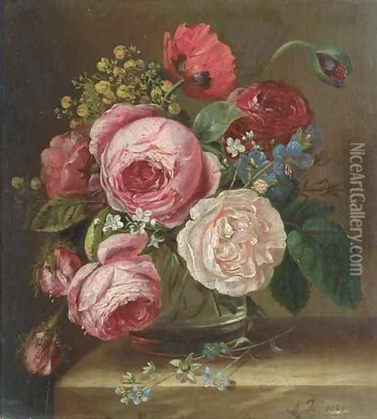 Roses in a glass vase on a ledge Oil Painting - Adriana-Johanna Haanen
