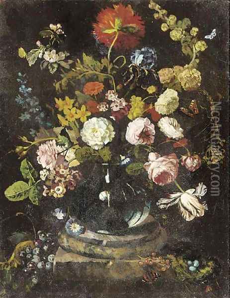 Roses, carnations and other flowers in a glass vase on a plinth Oil Painting - Jan Van Huysum