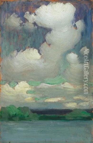 Lake Balaton With Wreathing Clouds, About 1905 Oil Painting - Janos Vaszary