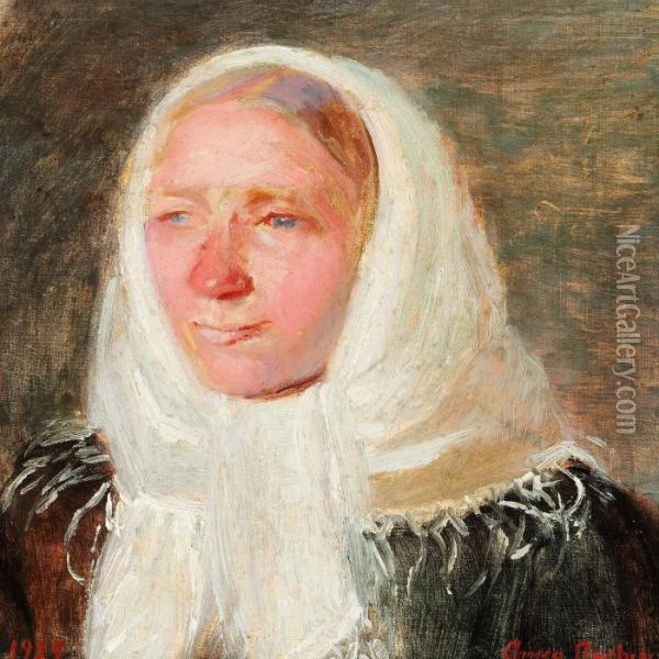 Portrait Of Charlotte Moller With A White Headscarf Oil Painting - Anna Ancher
