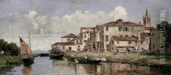 A Venetian Canal Scene Oil Painting - Antonio Maria de Reyna Manescau