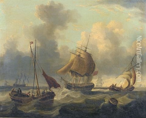 An English Frigate Running Through Crowded Waters In A Heavy Swell (+ Warships Offshore With A Dutch Hoy Pulling Away From A Jetty In Choppy Seas; Pair) Oil Painting - Charles Martin Powell