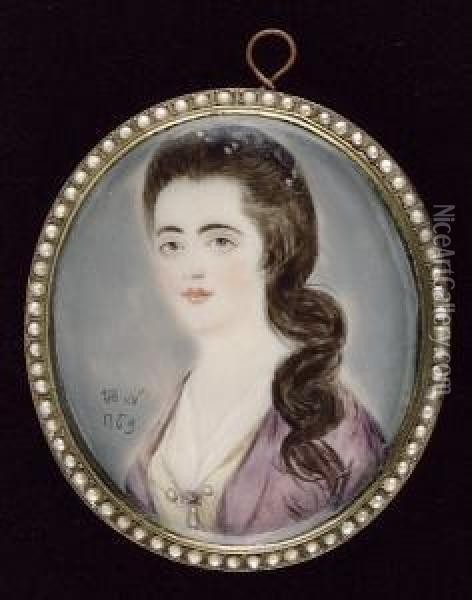 A Miniature Portrait Of A Lady Wearing A Mauve Open Robe Over A Yellow Dress With Pearls At Her Corsage, Further Pearls And Ribbon In Her Brown Hair Oil Painting - Francois Xavier Vispre