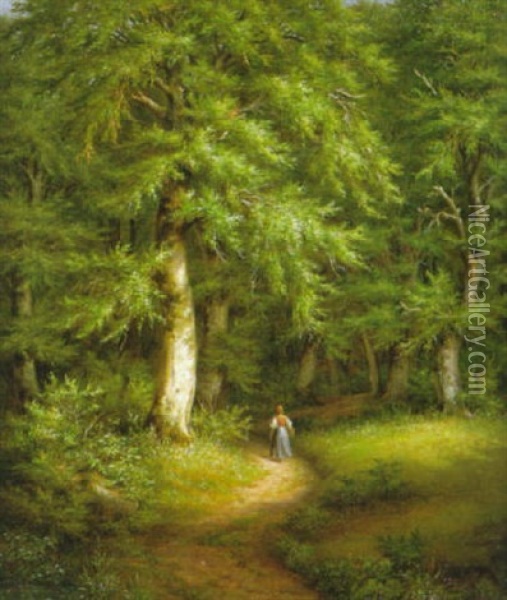 Junge Frau Mit Weidenkorb Am Eingang Des Waldes Oil Painting - Johann Ludwig Gebhard Lund