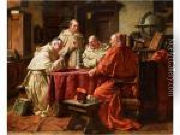 Kardinal Mit Drei Monchen In Einer Klosterbibliothek Oil Painting - Fritz Wagner