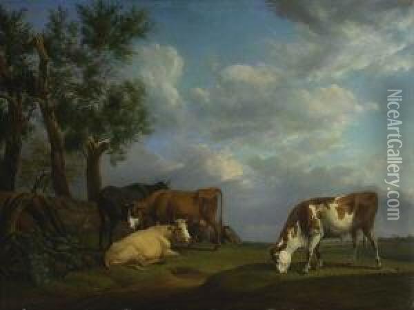 Kuhe Und Jungstier Auf Der
 Weide. Oil Painting - Alexander Johann Dallinger Von Dalling