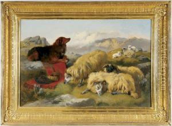 Guarding Sheep In The Highlands Oil Painting - George W. Horlor