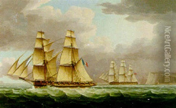 A Naval Incident Off Beachy Head During The Napoleonic Wars Oil Painting - Thomas Buttersworth