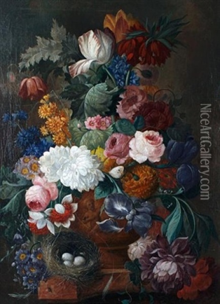 An Arrangement Of Flowers In A Classical Vase, With A Birds Nest Upon A Ledge Oil Painting - Johann Baptist Drechsler