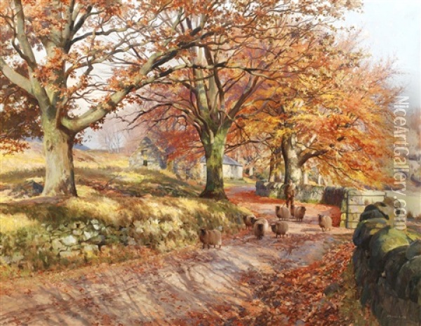 Shepherd And His Flock On A Country Lane Oil Painting - John Howard Lyon