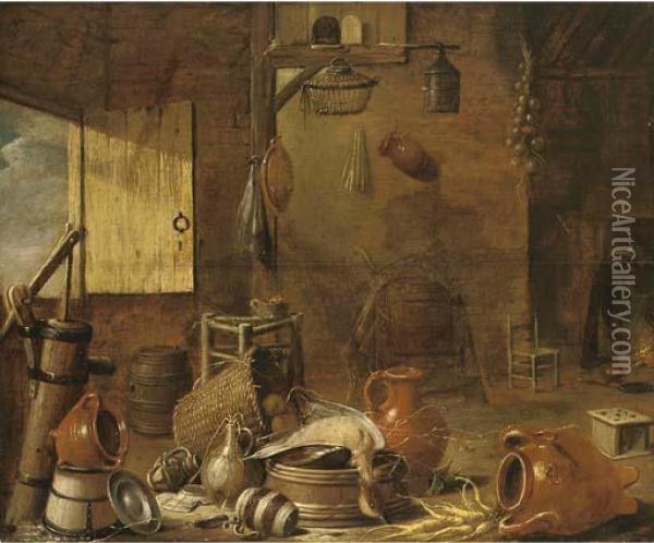 Earthenware, A Drake And Vegetables In A Barn, With A Woman Cookingat A Fire Oil Painting - Govert Dircksz. Camphuysen