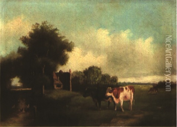 Zwei Rinder Neben Einem Bauernhaus In Weiter Landschaft Oil Painting - Willem Roelofs