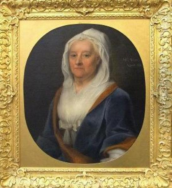 Portrait Of Mrs Vere, 
Half-length In A Blue Dress Oil Painting - George Beare
