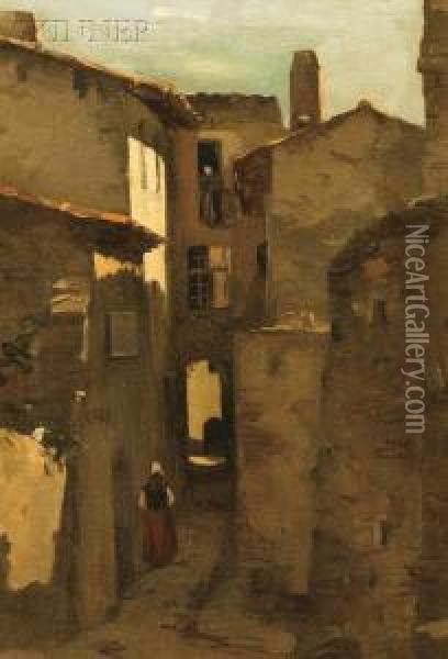 View With A Figure In A Cobbled Alley Oil Painting - George William Whitaker