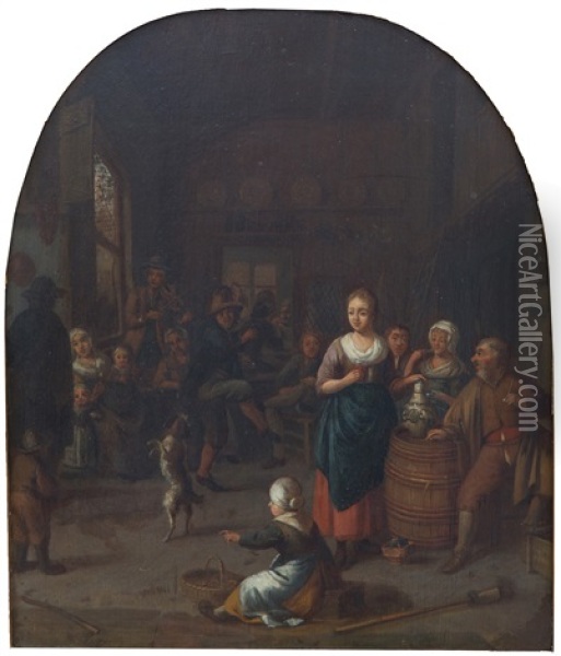 Cheerful Peasants And A Dancing Dog In A Tavern Oil Painting - Gillis de Winter
