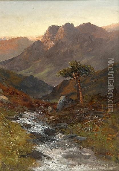 Mountains And Burn At Sunset Oil Painting - J. S. Adel