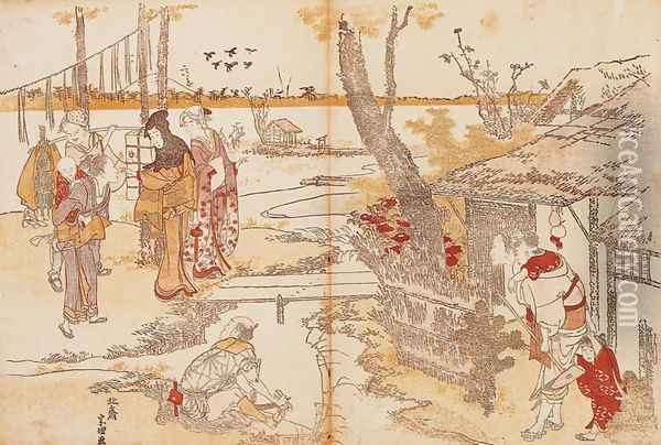 Peasants by a Stream Oil Painting - Katsushika Hokusai