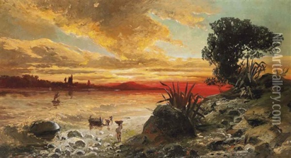 Fishermen Bringing In The Catch At Sunset On The Pozzuoli Coast Oil Painting - Ludwig Dittweiler