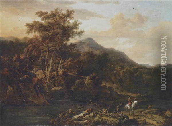 An Italianate Mountain Landscape With A Sportsman And His Attendant By A River Oil Painting - Adriaen de Hennin