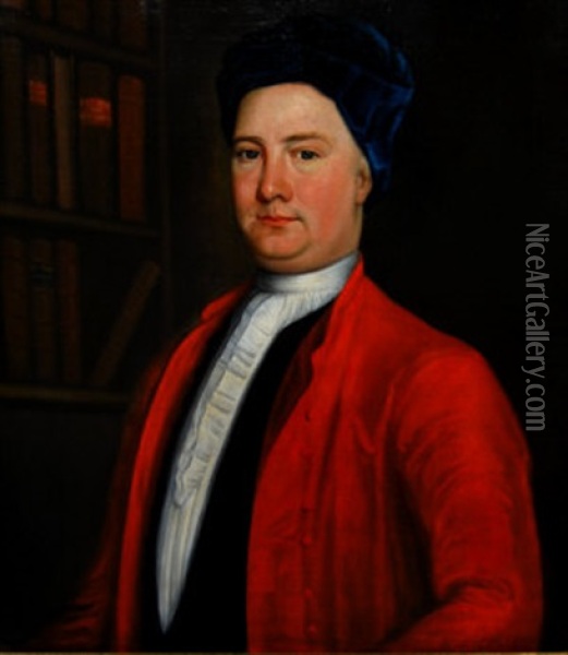 Portrait Of A Doctor, Standing In A Library Interior, Wearing A Blue Velvet Hat And Red Coat, Over A Tied White Stock Oil Painting - Cosmo Alexander