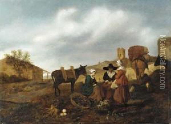 Vegetable Sellers In A Landscape, A Village Beyond Oil Painting - Hendrick Mommers