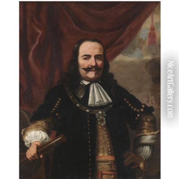 Portrait Of Admiral Michiel Adriaensz De Ruyter, Half-length, Wearing A Black Coat And Holding A Telescope, With An Opened Curtain Behind Oil Painting - Ferdinand Bol