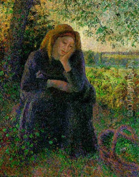 Paysanne Assise Soleil Couchant Oil Painting - Camille Pissarro