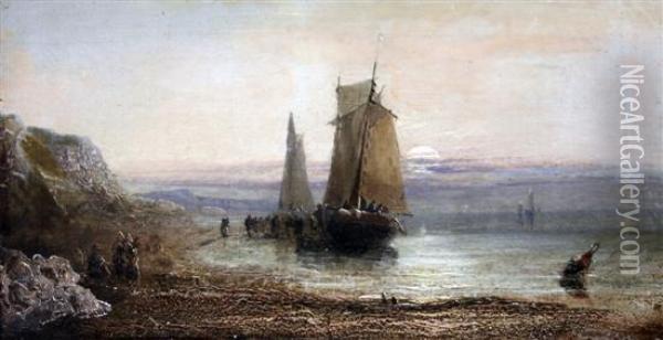 Fishing Boats At Sea And Unloading The Catch Oil Painting - Adolphus Knell