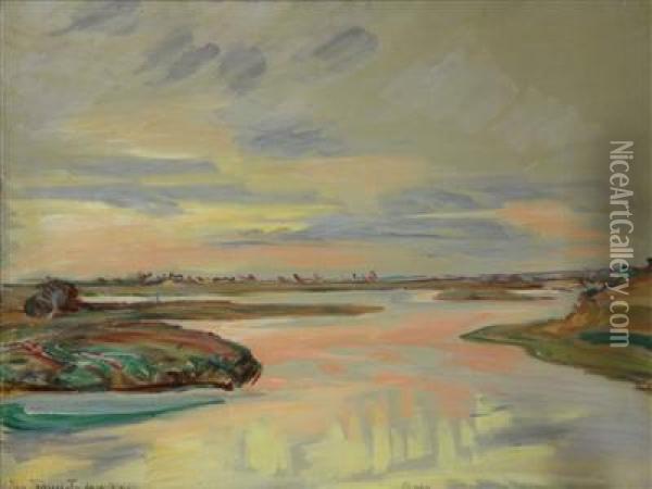 A Lakeside Landscape Oil Painting - Jan Trampota
