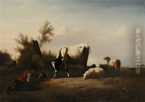 Schafe Und Kuh Auf Der Weide Mit Schlafendem Schafer Oil Painting - Pierre-Emanuel Dielman the Younger