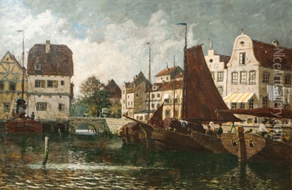Small Harbour Town Oil Painting - Fritz Stoltenberg