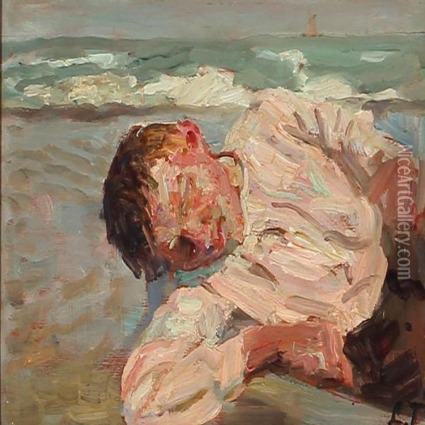 A Boy Resting On The Beach Oil Painting - Laurits Regner Tuxen